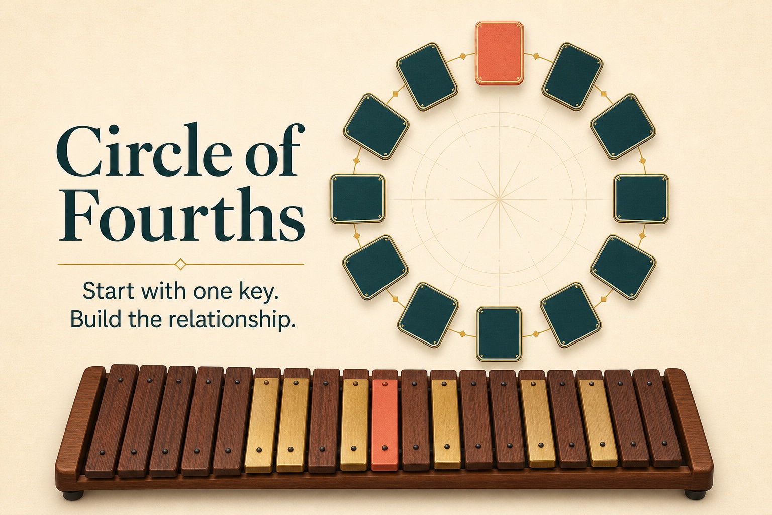 Circle of Fourths classroom board with C major selected and the remaining keys ready to reveal.