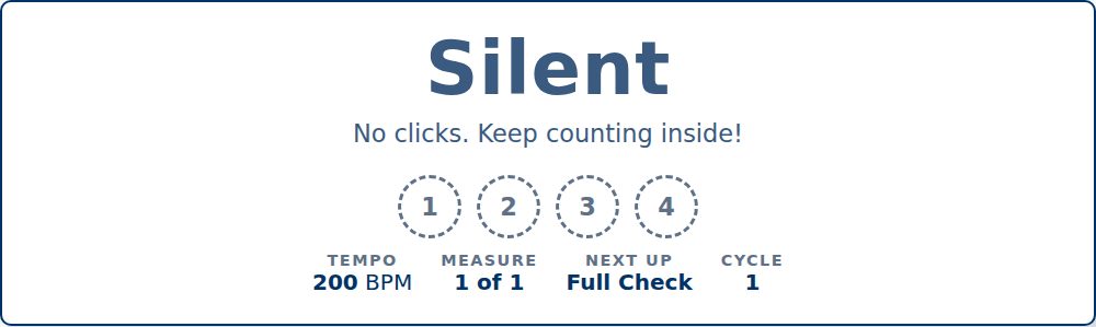 Click Drop mid-run during a silent measure: the phase display reads Silent with the note 'No clicks. Keep counting inside!', and the four beat dots are drawn as empty dashed circles instead of lighting up.