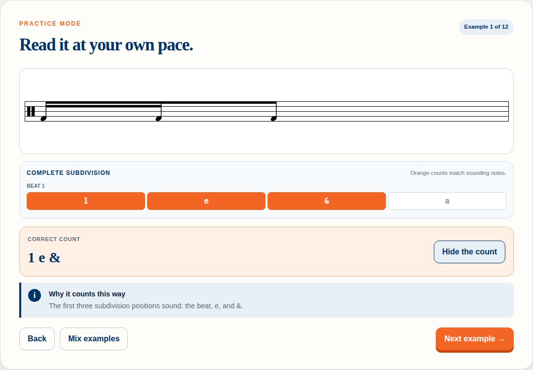 Count It in practice mode: a notated beat above, the complete subdivision guide beneath it, and a Reveal the count button.