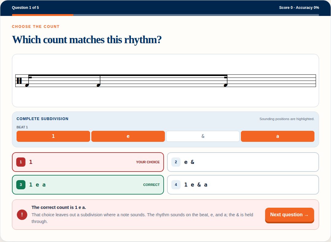 Choose the Count challenge: four answer choices with the selected wrong answer marked Your choice, the right answer marked Correct, and feedback reading the correct count is 1 e a.