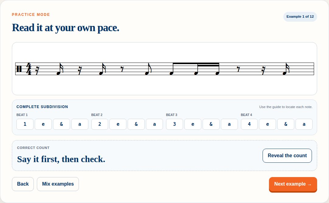 A full 4/4 measure of mixed rests, eighths and sixteenths on a staff above the complete four-beat subdivision guide, with the count not yet revealed.