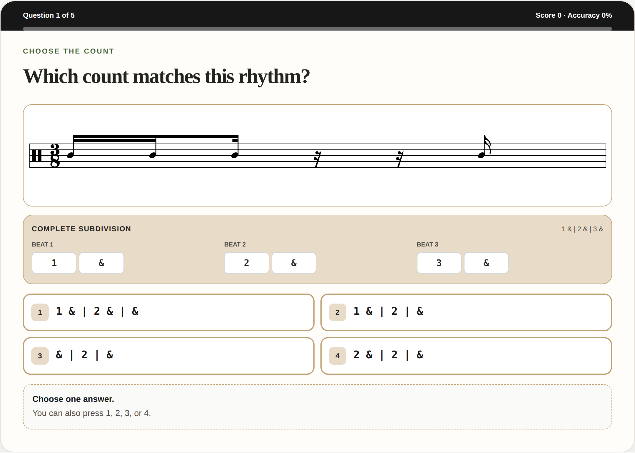 A Choose the Count challenge question: a beamed 3/8 measure, the complete subdivision guide, and four numbered answer choices such as 1 and, 2, and.