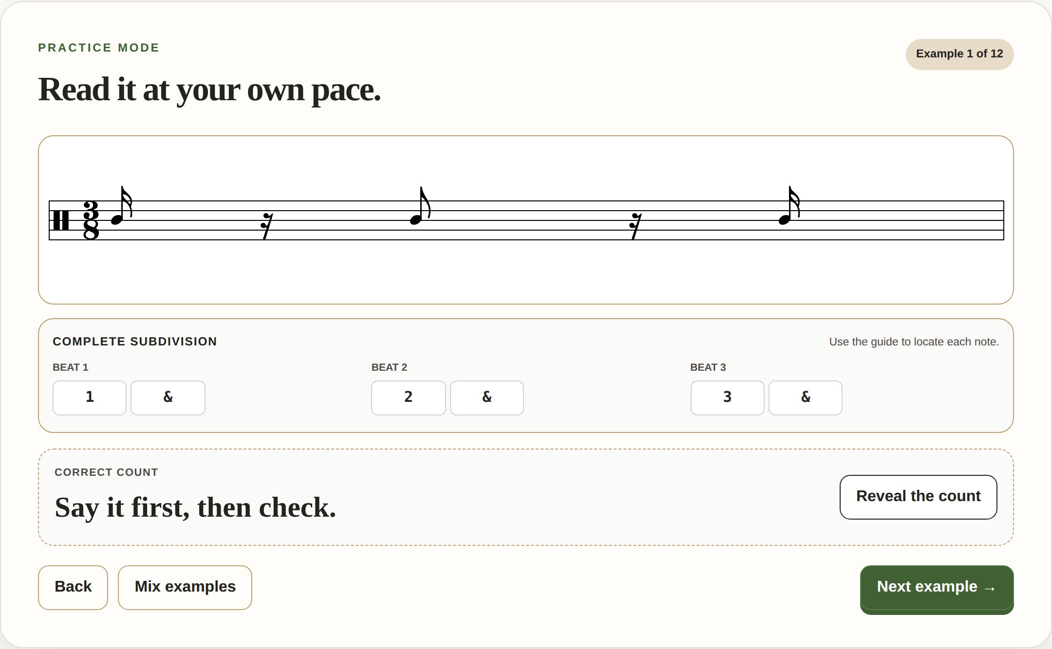 An Eight Time practice example: a 3/8 bar on a staff, the complete subdivision guide showing three beats of two positions each — 1 and, 2 and, 3 and — and a Reveal the count button.