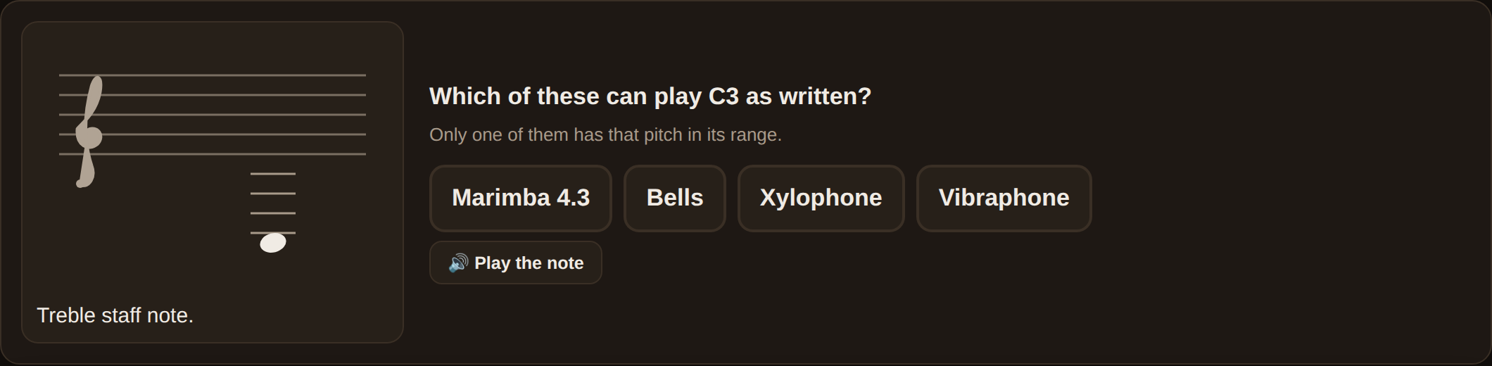 Mallet Map with the Range and octave question set selected, asking which instrument can play a written C3 as written, with Marimba 4.3, Bells, Xylophone and Vibraphone offered as the four choices.