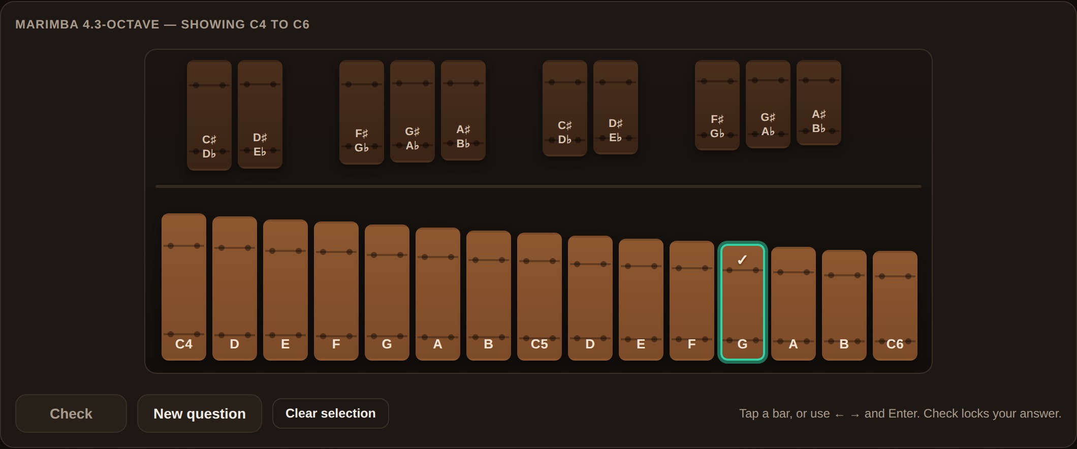 Mallet Map showing a treble-staff note above a drawn marimba keyboard, with a Check button and a Play the note button.
