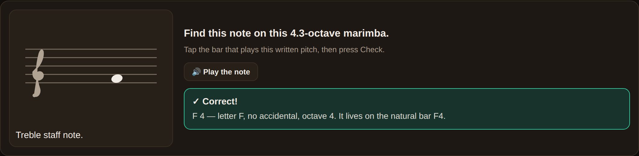 A Mallet Map reading question: a treble-clef note on a staff, the prompt "Find this note on this 4.3-octave marimba", and a green Correct panel explaining that F4 is letter F, no accidental, octave 4.