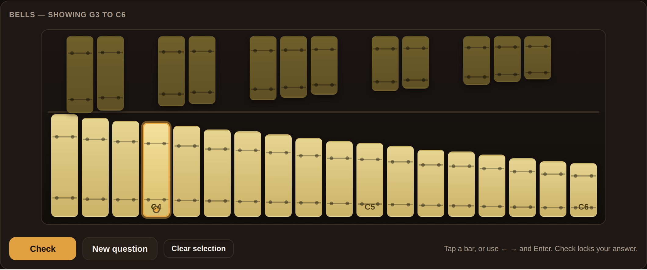 The Mallet Map keyboard set to bells, showing G3 to C6 in gold bars with only the C bars labelled and a ring marking middle C.