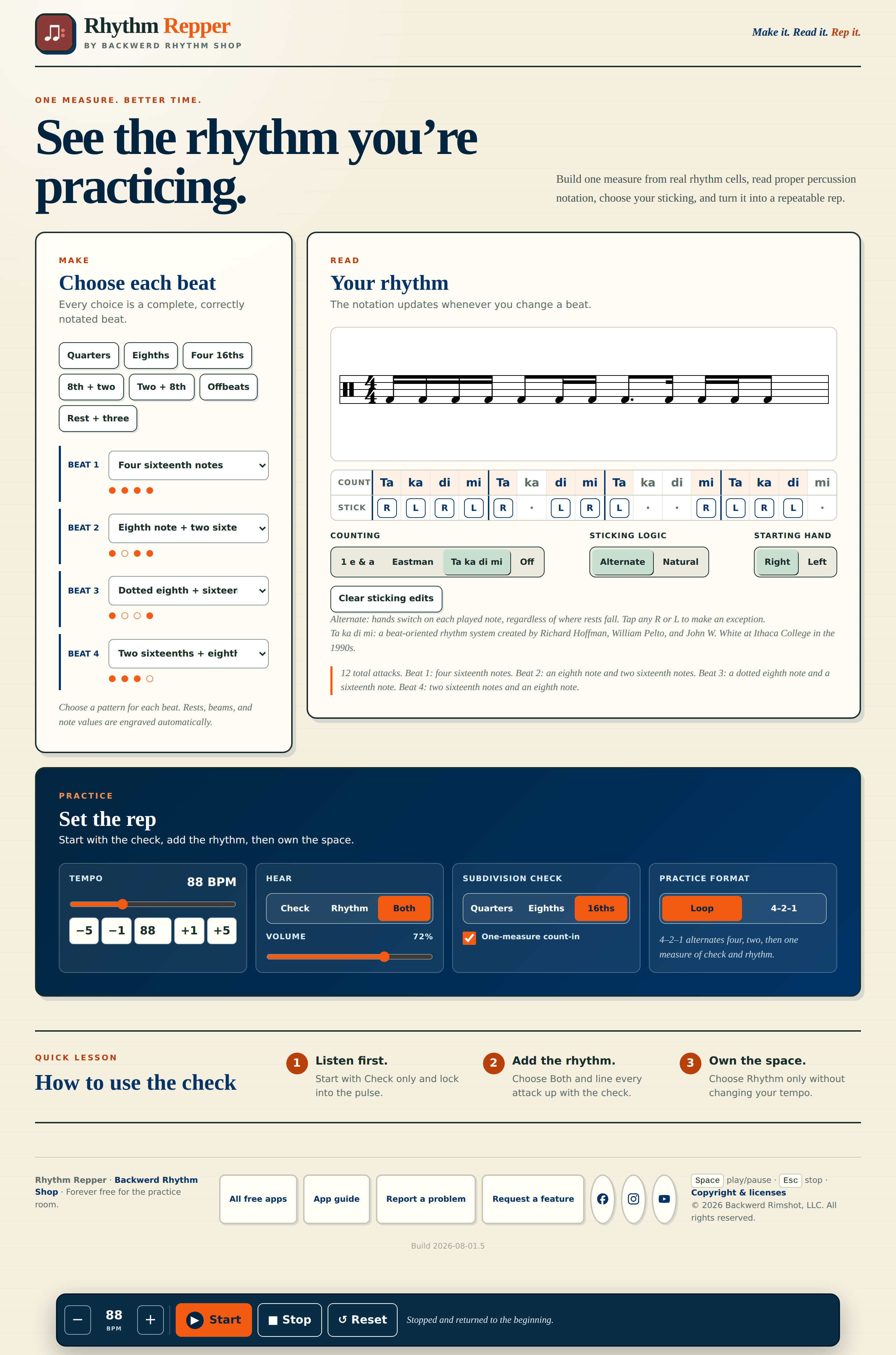 The full Rhythm Repper page with Ta ka di mi selected: the same engraved measure, now counted ta ka di mi across each beat, with the teaching note naming the system's origin at Ithaca College.
