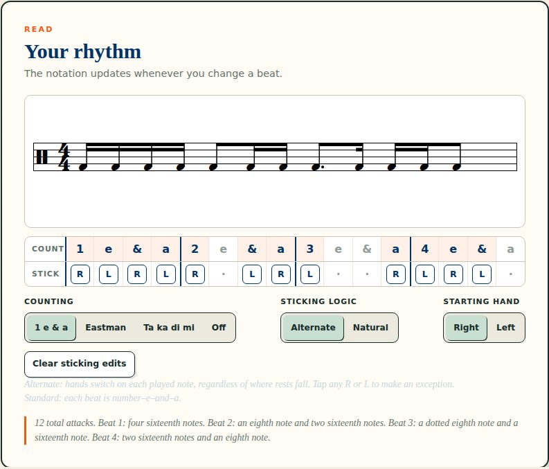 Rhythm Repper's read panel: one engraved measure with the counting row 1 e and a beneath it and an R L sticking row below that.