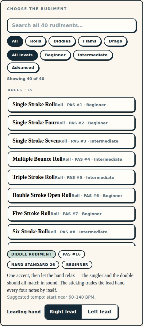 The Rudiment Builder chooser: family and level filters above a list of rudiments grouped by family, each showing its PAS number and level.
