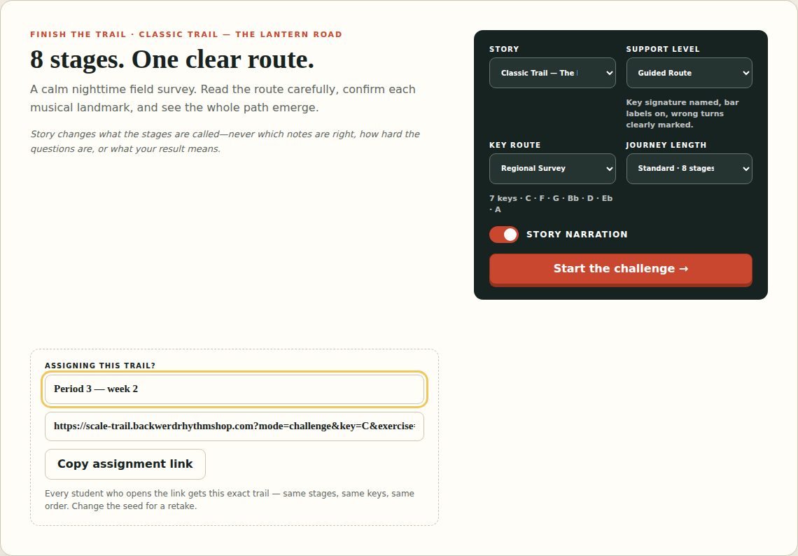 The Finish the Trail setup panel with selectors for story, support level, key route, and journey length, next to a box that builds a shareable assignment link.