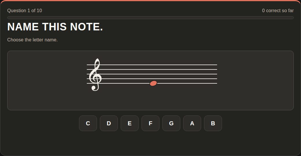 A Staff Spot round in progress: the prompt Name this note above a treble staff with a single notehead on it, and the seven letter-name answer buttons C through B beneath.