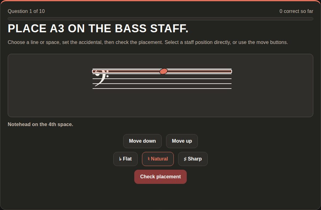 A Staff Spot placement question: Place A3 on the bass staff, with the fourth space highlighted where the student has put the notehead, move buttons, flat, natural and sharp buttons, and a Check placement button.