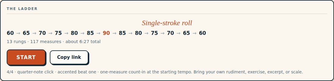 The ladder panel with an exercise label reading Single-stroke roll above the tempo path 60 to 90 and back to 60, a Start button, and a Copy link button.