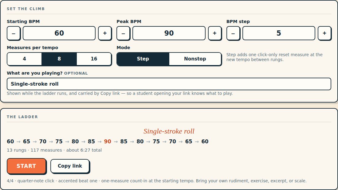 The Tempo Ladder setup screen: starting BPM 60, peak BPM 90, 5 BPM step, 8 measures per tempo, Step mode, an exercise label reading Single-stroke roll, and the ladder it built — 60 to 90 and back to 60.